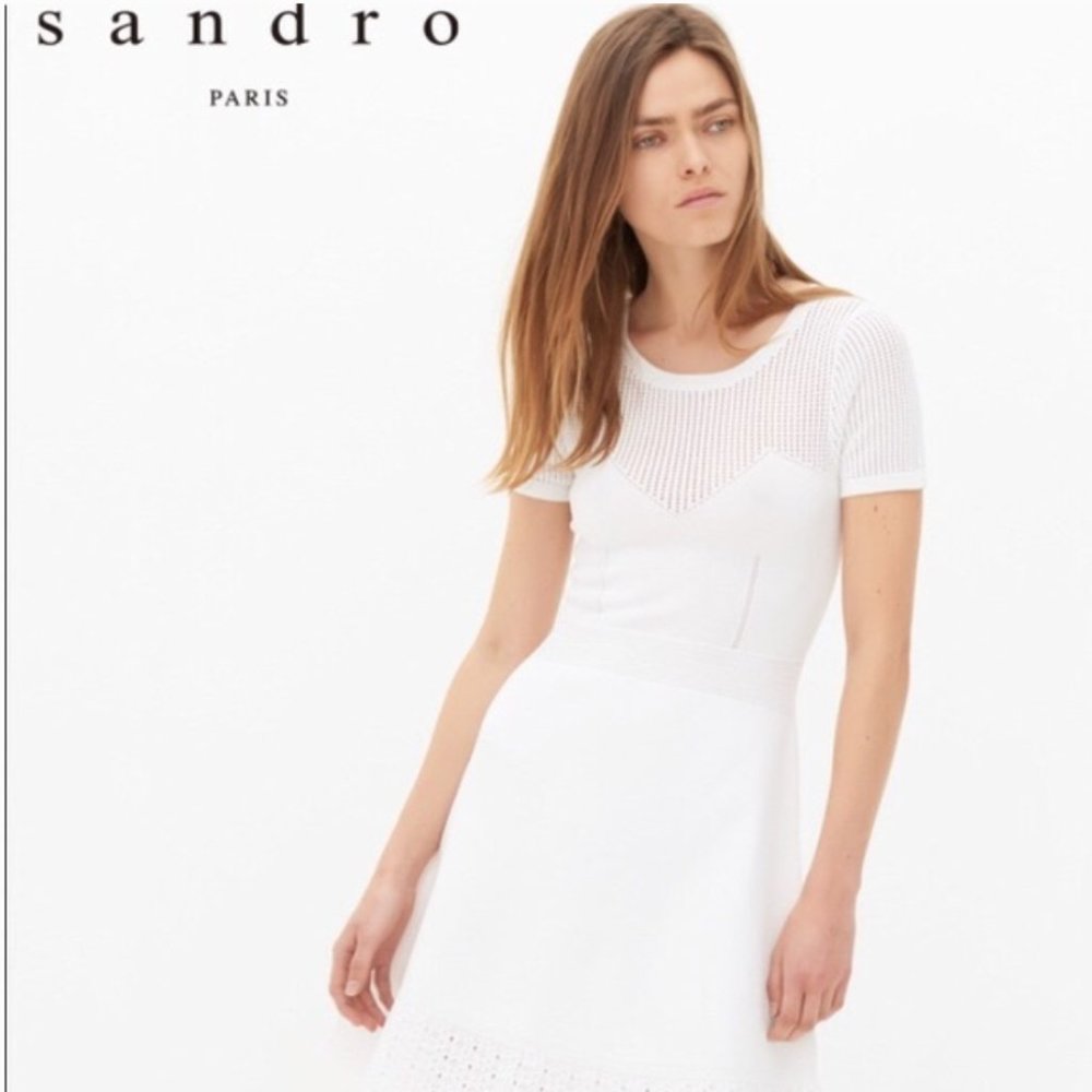 SANDRO white knit short sleeve a-line Rapsody dress